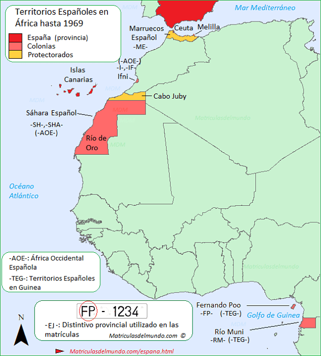 Mapa matrículas coches España protectorados África