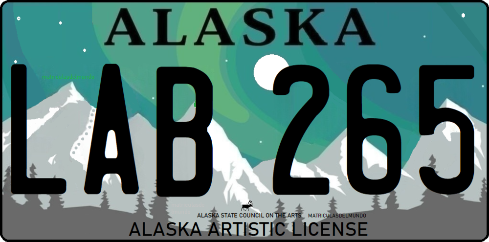Matrícula de Alaska con diseño ALASKA ARTISTIC LICENSE con animal reno y aurora boreal