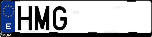 Matrícula española HMG, correspondiente al año 2012