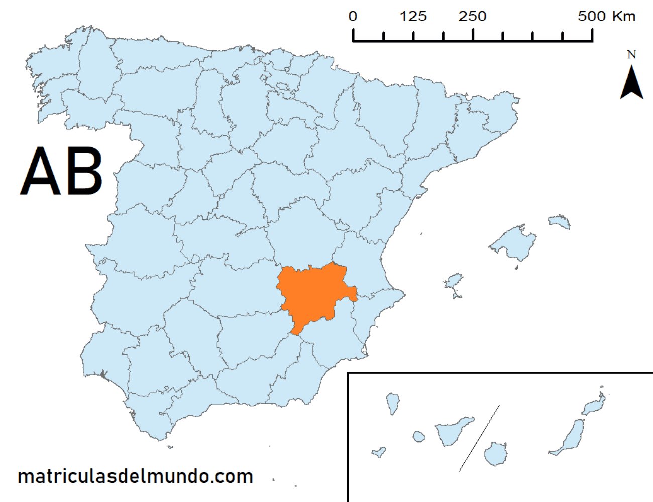 Mapa de la provincia de Albacete señalada en naranja