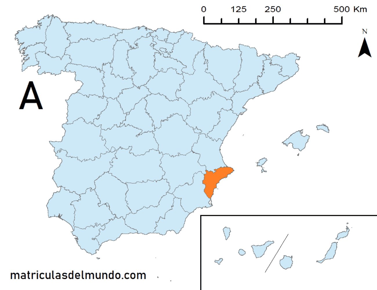 Mapa de la provincia de Alicante señalada en naranja