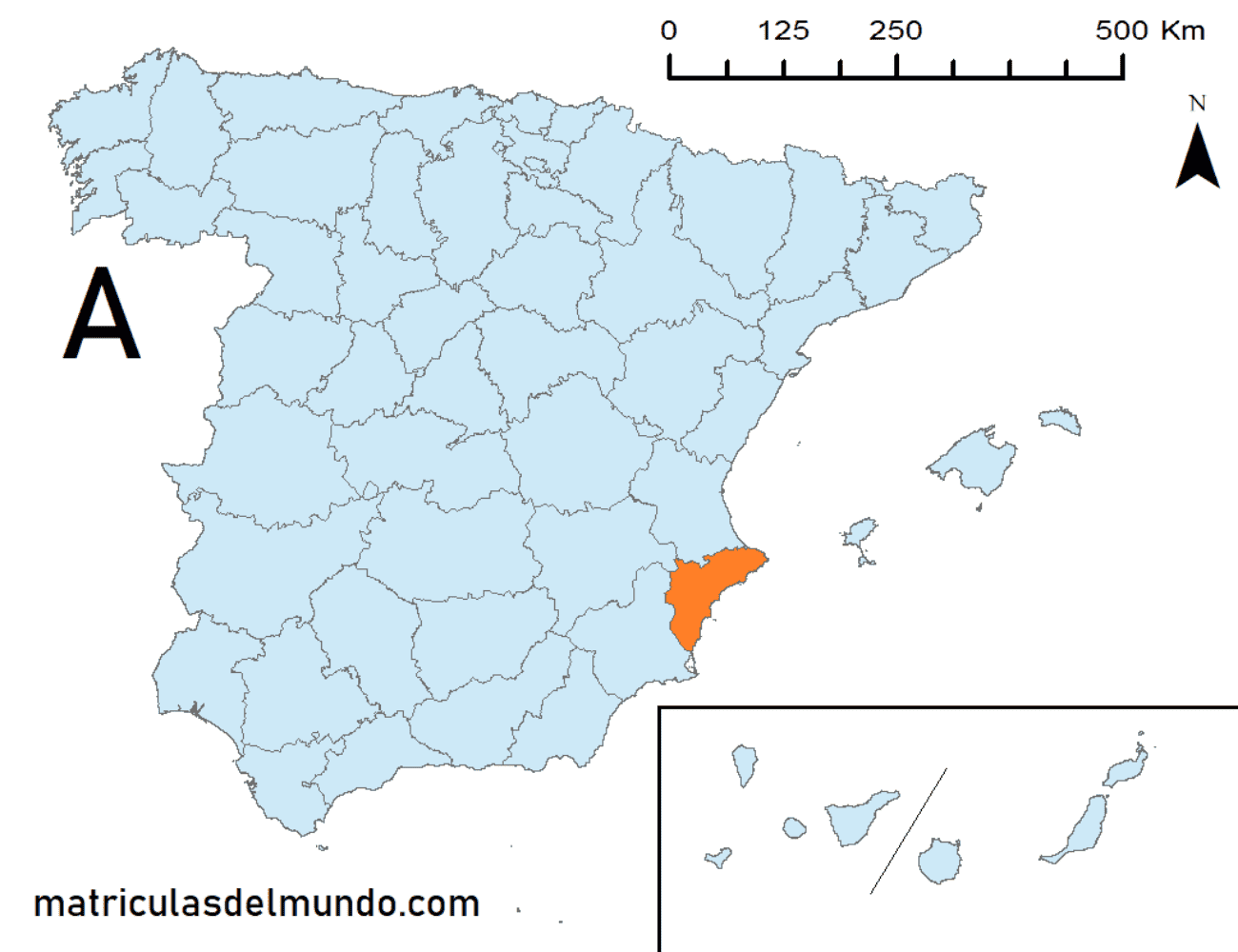 Mapa de la provincia de Alicante señalada en naranja