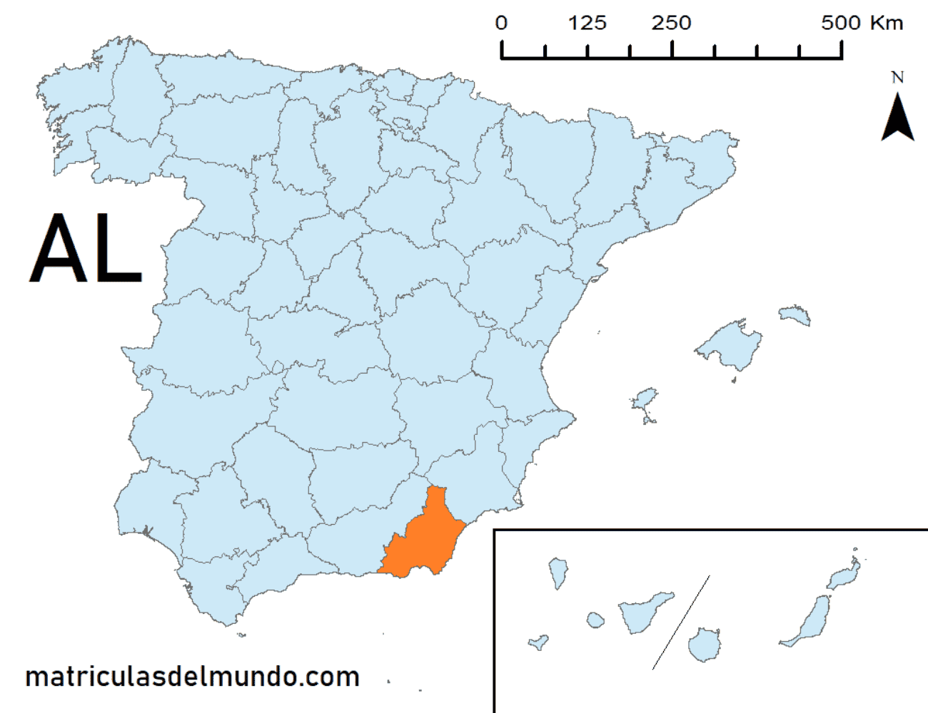 Mapa de la provincia de Almería señalada en naranja