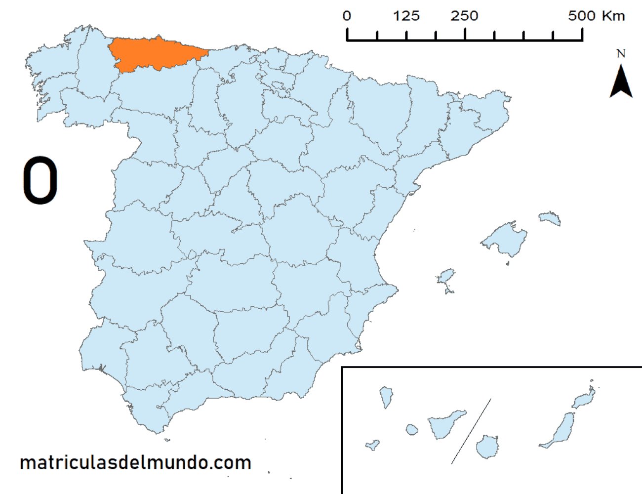 Mapa de la provincia de Asturias señalada en naranja