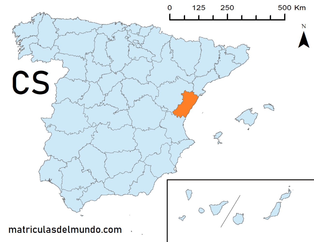 Mapa de la provincia de Castellón señalada en naranja