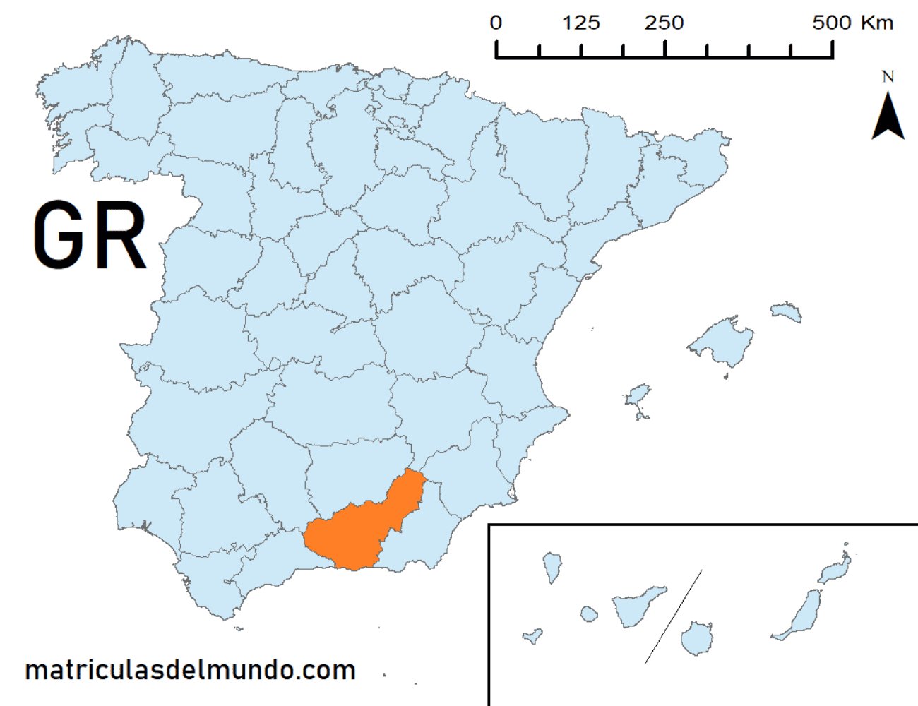 Mapa de la provincia de Granada señalada en naranja