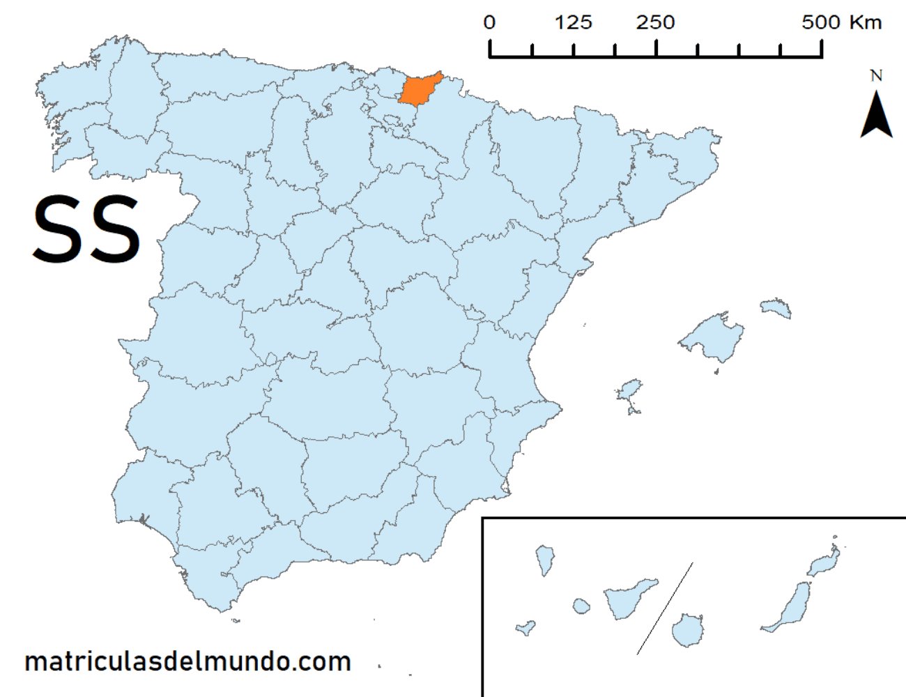 Mapa de la provincia de Guipúzcoa señalada en naranja