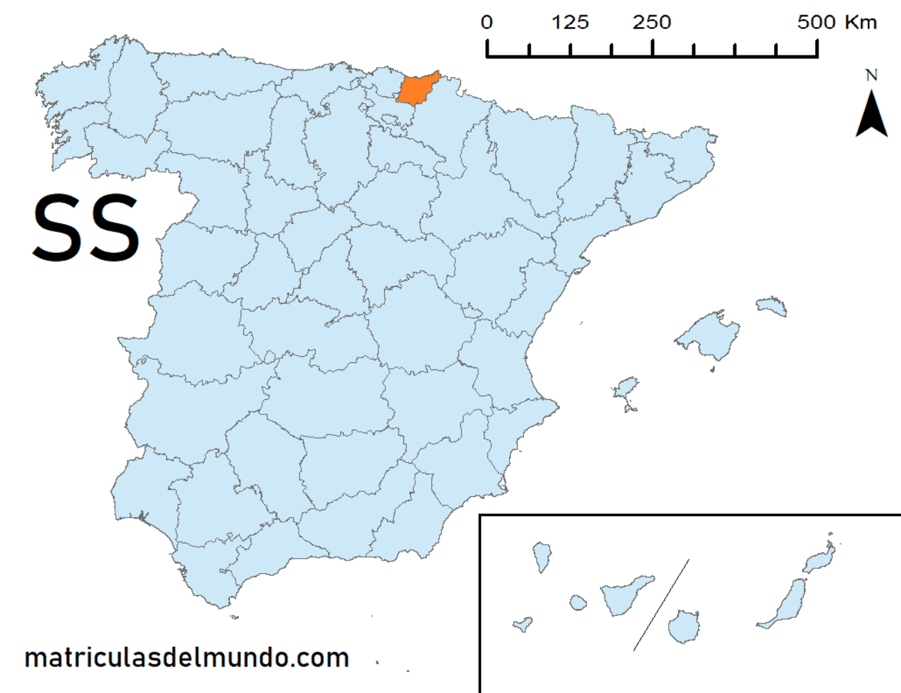 Mapa de la provincia de Guipúzcoa señalada en naranja
