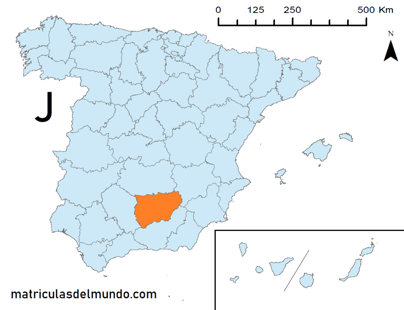 Mapa de la provincia de Jaén señalada en naranja