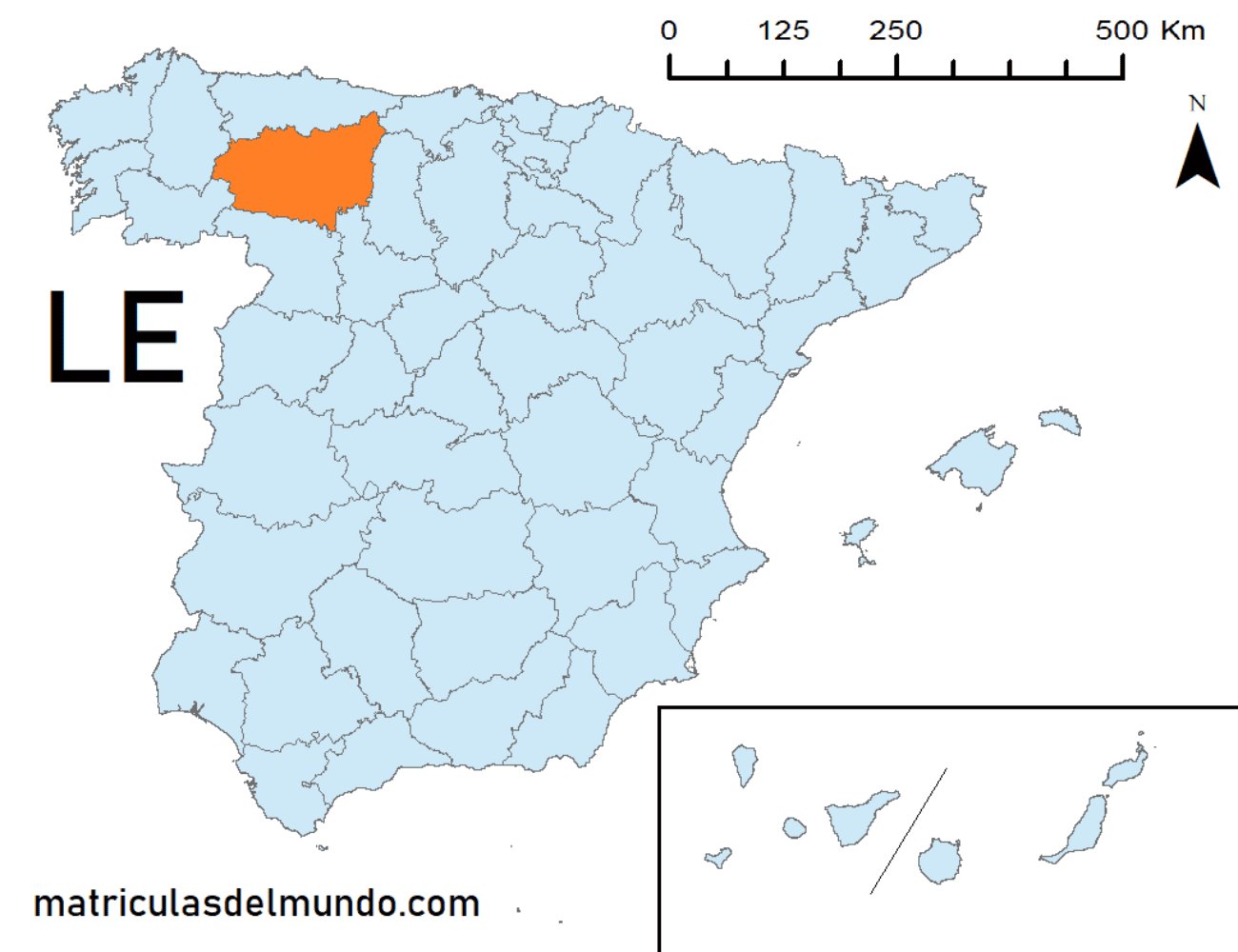 Mapa de la provincia de León señalada en naranja