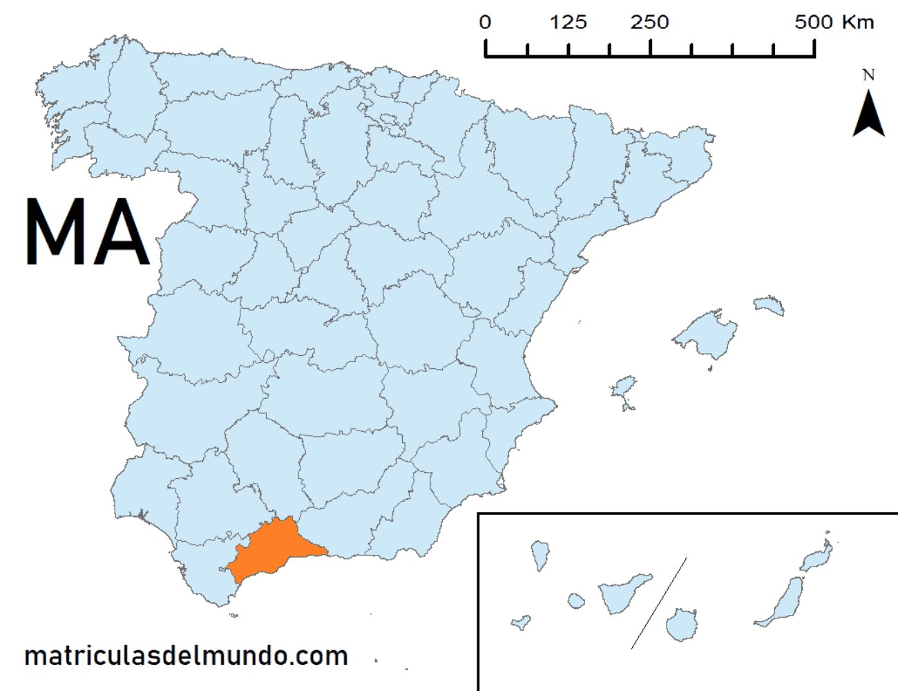 Mapa de la provincia de Málaga señalada en naranja