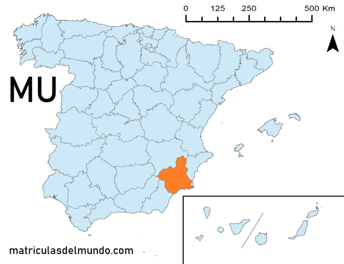 Mapa de la provincia de Murcia señalada en naranja