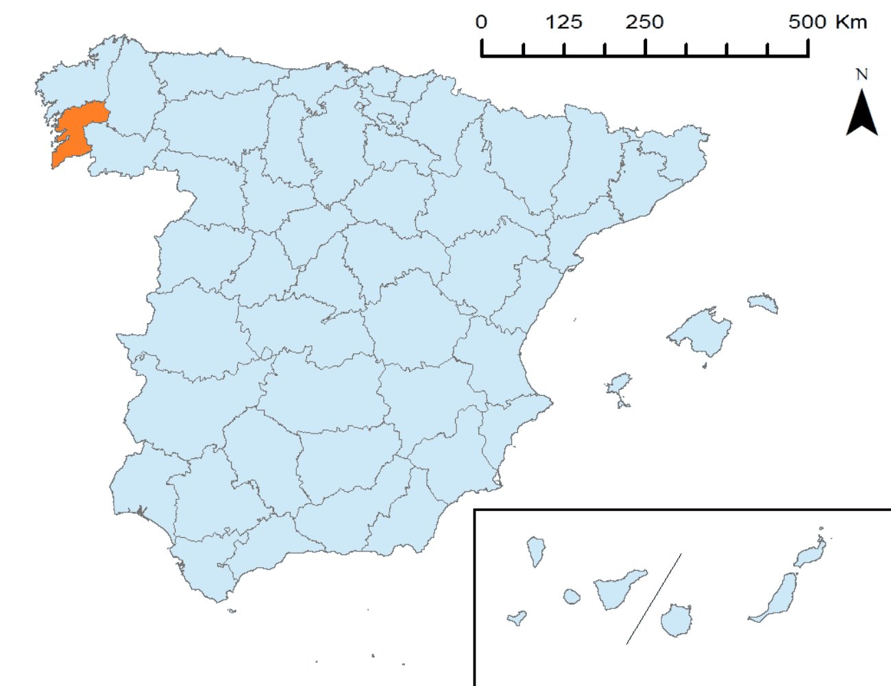 Mapa de la provincia de Pontevedra señalada en naranja