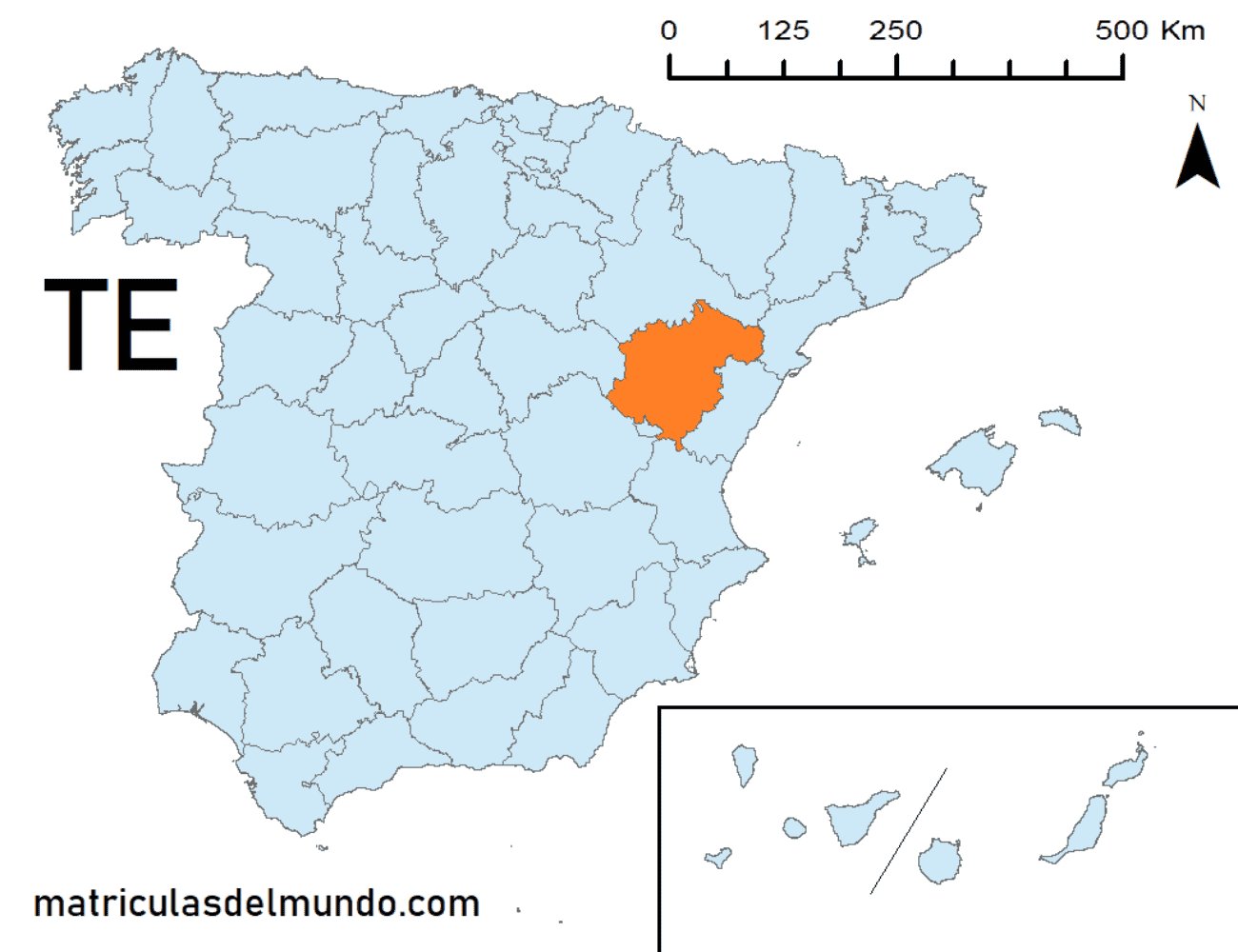 Mapa de la provincia de Teruel señalada en naranja