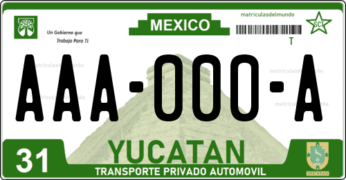 Placa de matrícula vehicular automovil mexicana de Yucatán con pirámide maya