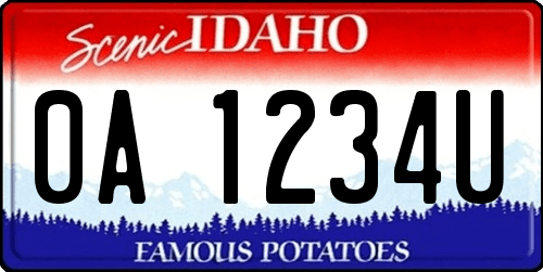 Matrícula americana de coche de Idaho con paisaje y color rojo y azul FAMOUS POTATOES
