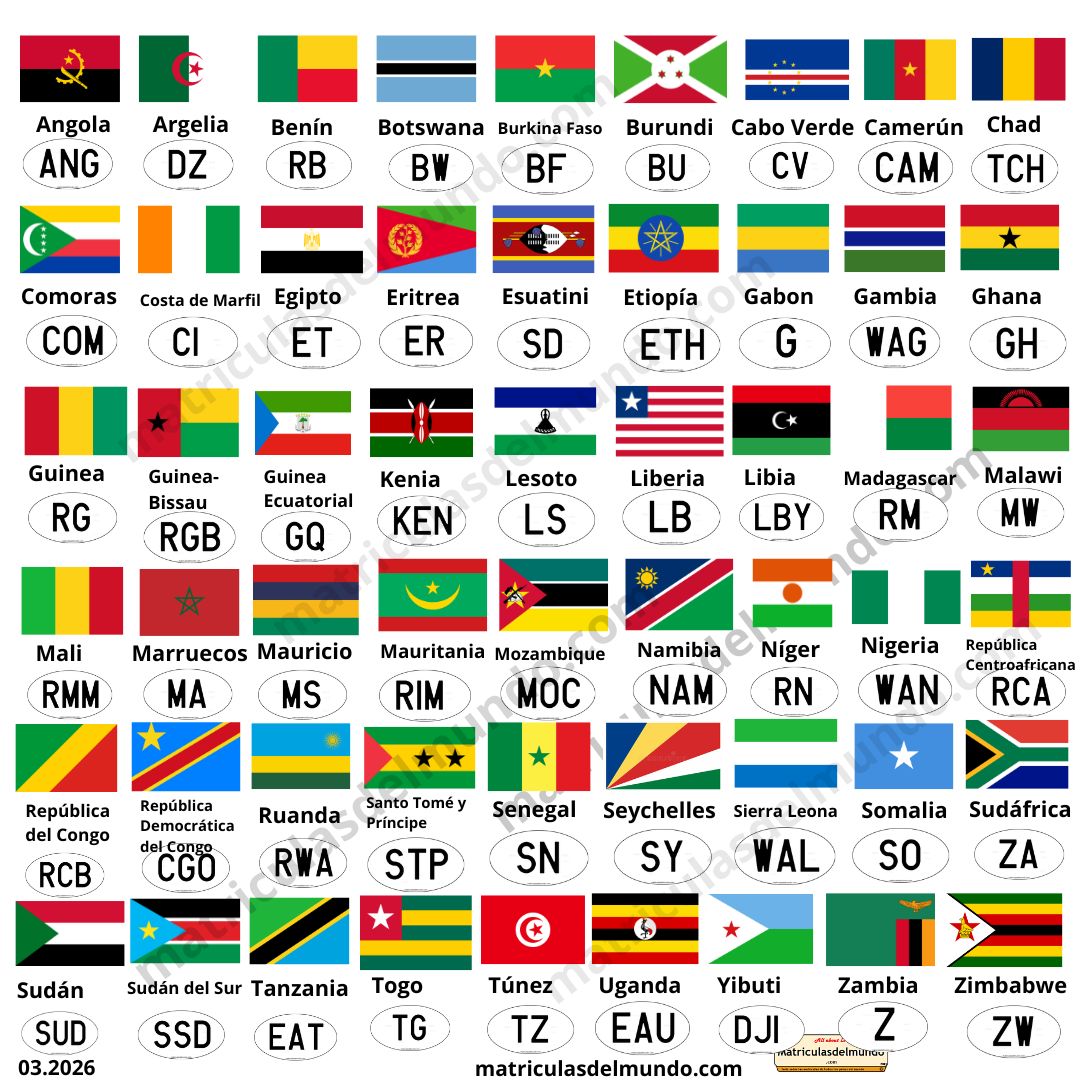 Listado completo de banderas de países de África con sus códigos internacionales de matrícula de vehículos