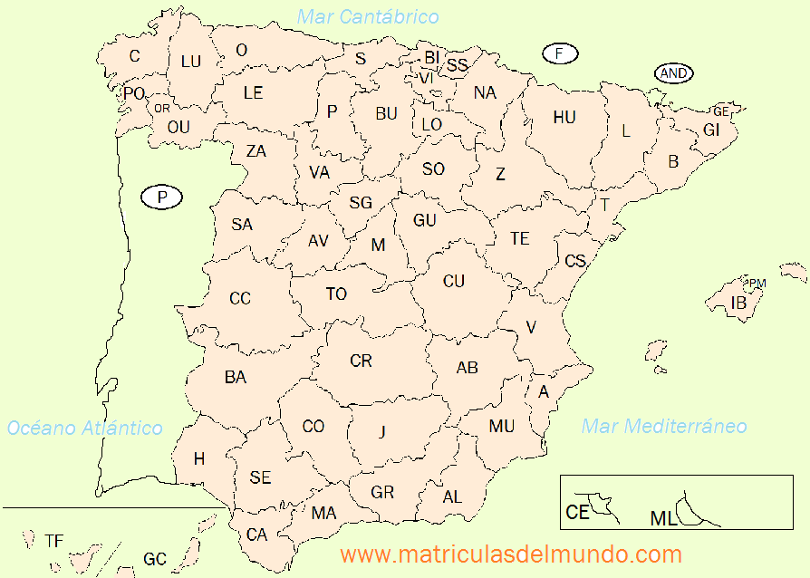 Mapa codigos matriculas espana