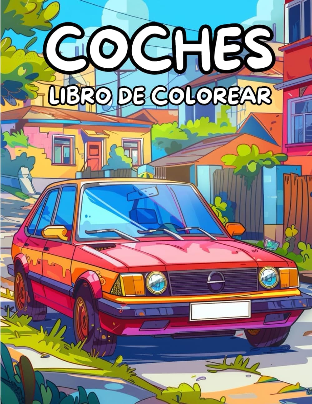 Cover of coloring book by Carlos Castrillo with realistic red car