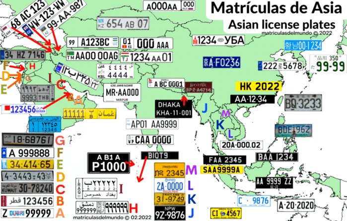 Mapa de matrículas de Asia