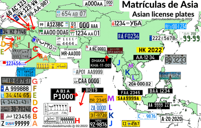 Mapa de matrículas de coches de Asia con ejemplos y mapa de fondo