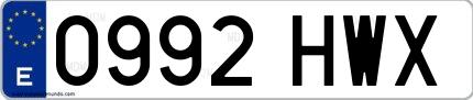 Ejemplo de matrícula española 0992 HWX