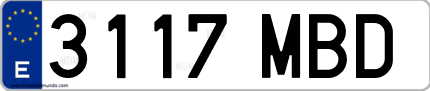 Ejemplo de matrícula de coche ordinaria 3117 MBD