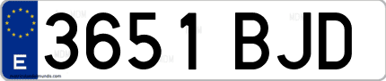 Ejemplo de matrícula de coche ordinaria 3651 BJD