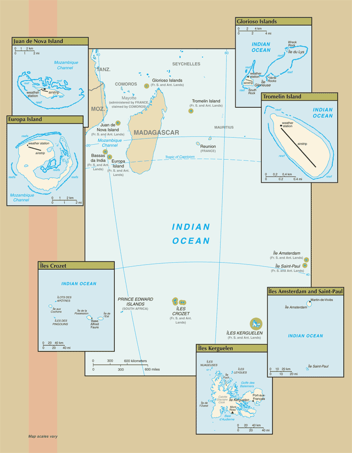 Mapa de Tierras australes y antárticas francesas TAAF político actualizado