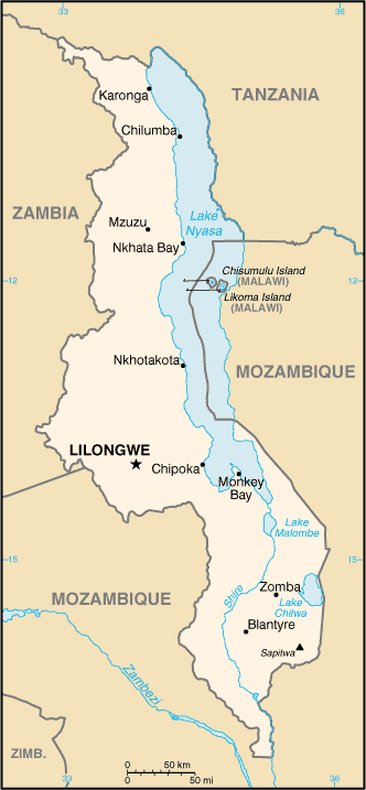 Mapa de Malawi político actualizado
