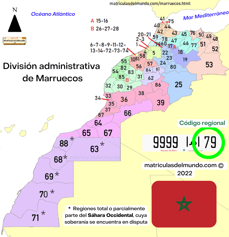 Mapa de las matrículas de Marruecos actuales