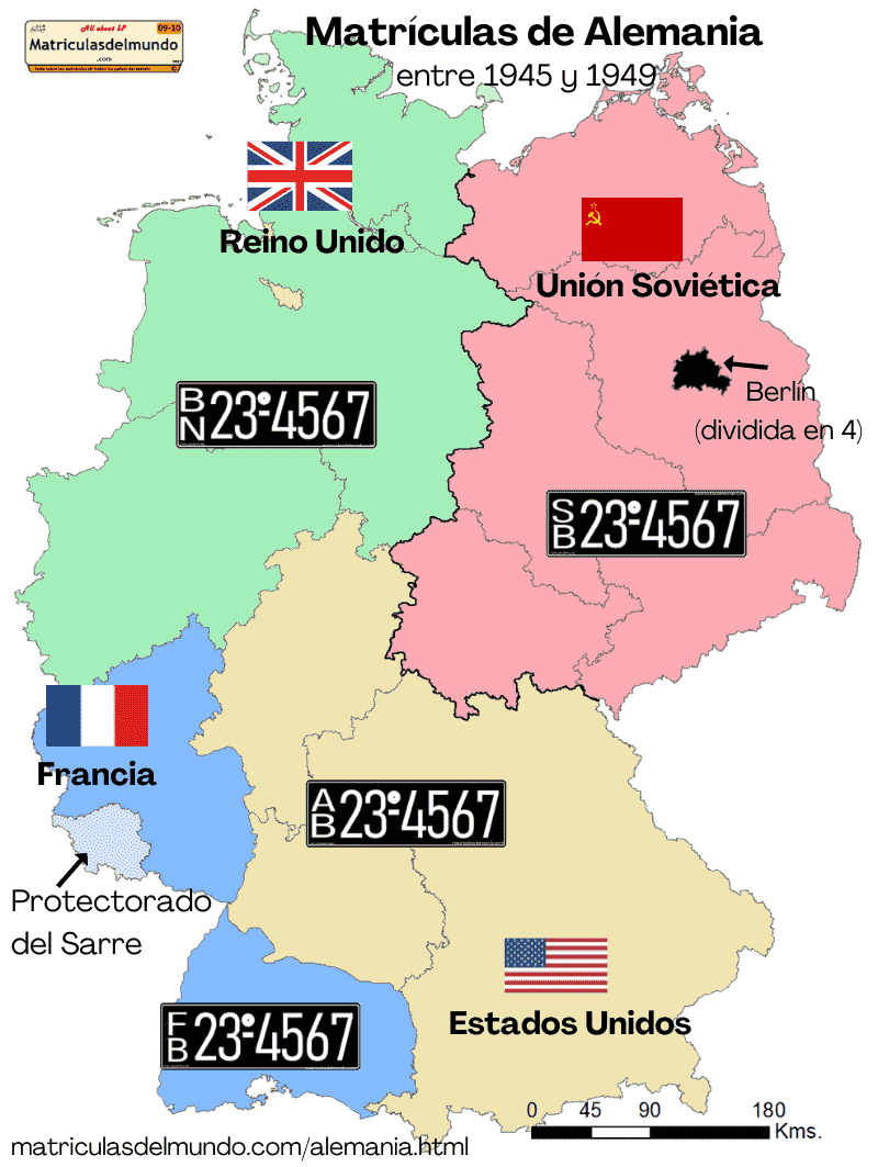 Mapa de las matrículas de coches de Alemania desde 1945 a 1949 con banderas