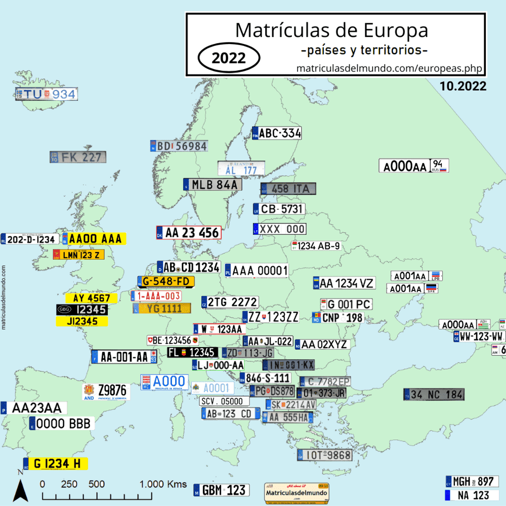 Mapa de los territorios y países de Europa y sus matrículas de coche en 2022