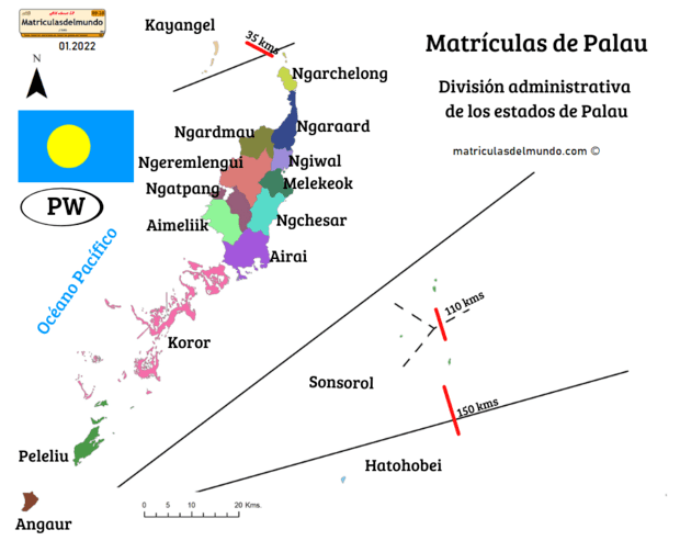 Mapa de matrículas de los estados y territorios de Palau en el Océano Pacífico