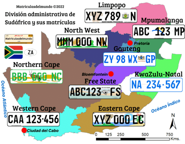 Mapa de las matrículas de todas las provincias de Sudáfrica actuales