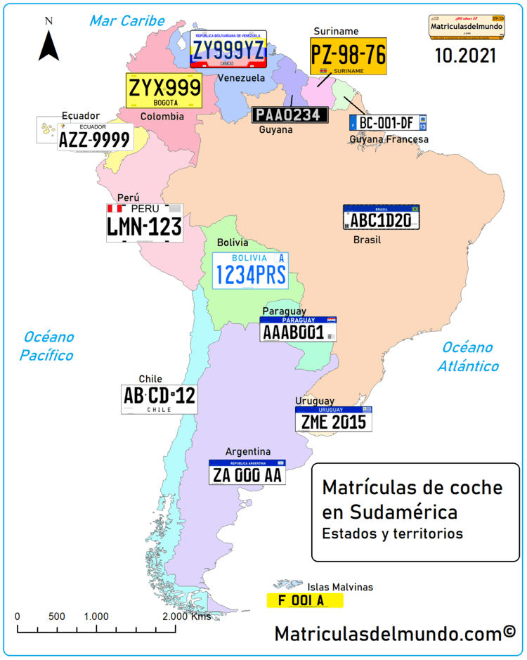 Mapa de las matrículas utilizadas en los países de Sudamérica