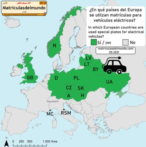 Mapa de Europa con los países con matrículas reservadas para vehículos eléctricos