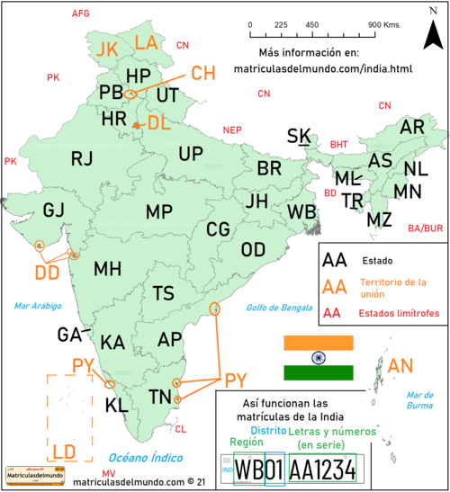 mapa de matrículas de coche de India por provincias e islas