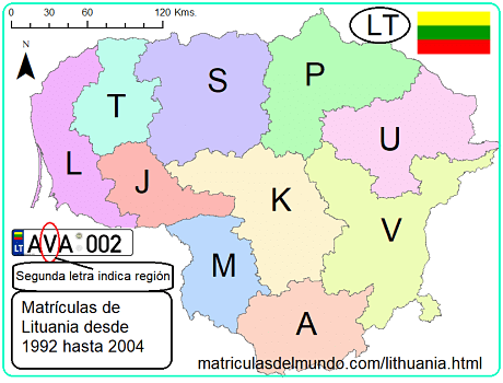 mapa de las matriculas de Letonia antiguas entre 1992 y 2004 con imágenes