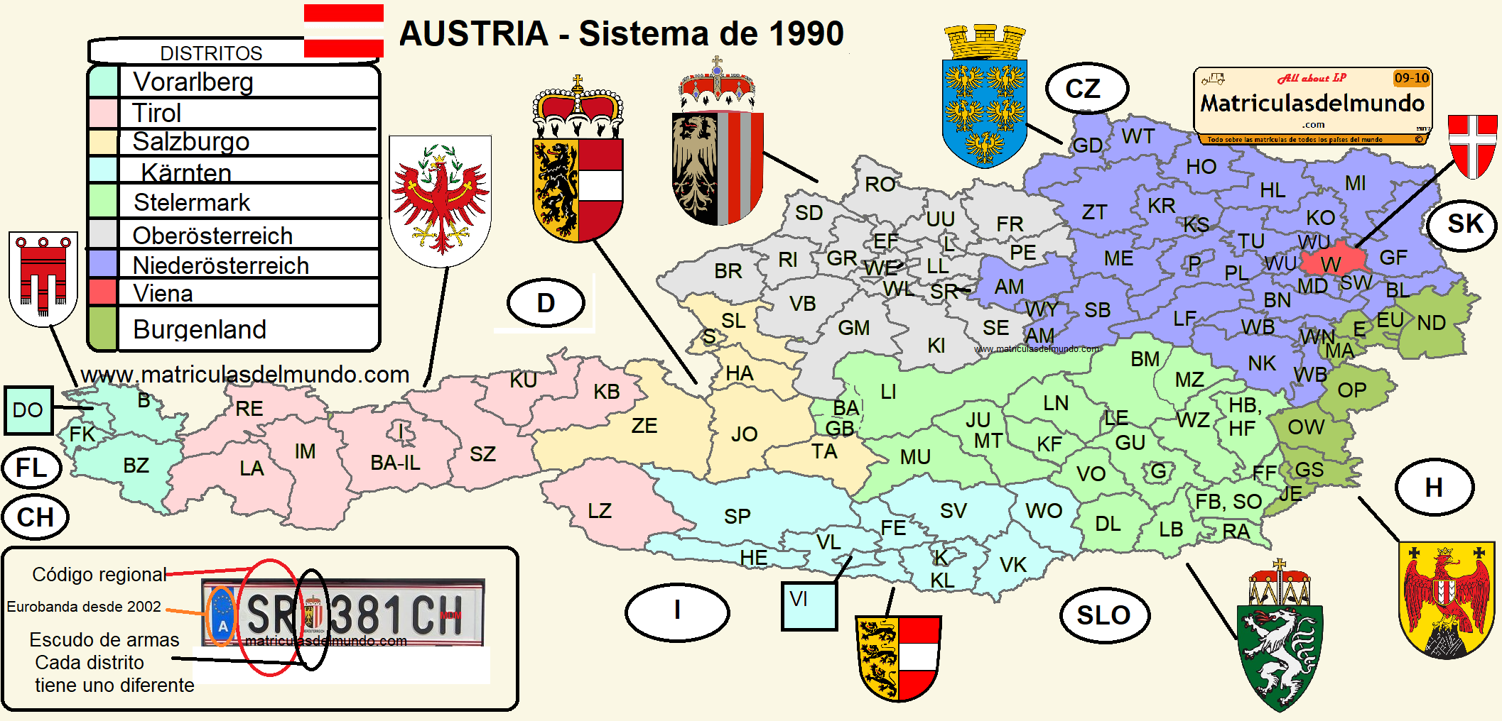 mapa por regiones de austria con todo detalle y sus escudos
