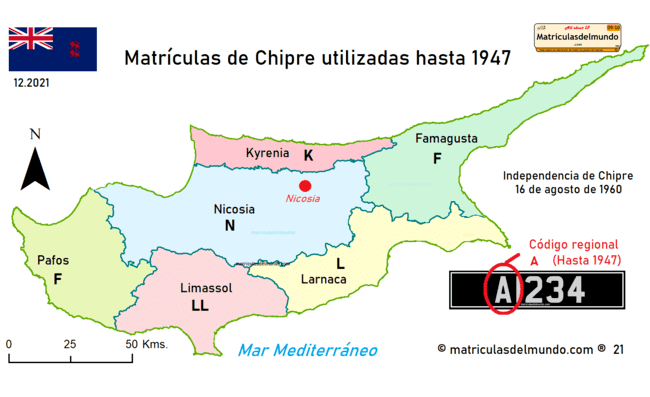 Mapa administrativo de Chipre y Chipre del Norte y sus matrículas hasta 1947