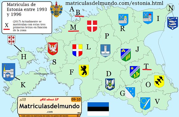 Mapa codigos matriculas Estonia y sus escudos entre 1993 y 1997