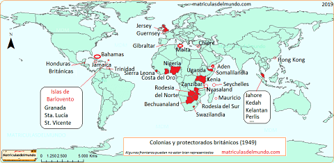 Mapa colonias y protectorados de Reino Unido por todo el mundo