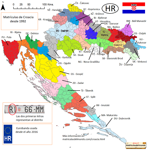 Mapa por regiones de las matriculas de Croacia con todos los codigos y su division administrativa ubicados geograficamente con imagenes. License plate region map from Croatia. Hrvastka mapy SPZ