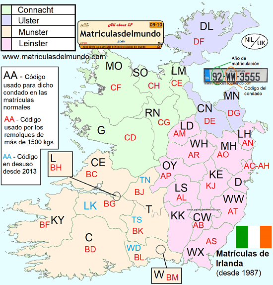 Mapa de matriculas por regiones de Irlanda con todo detalle y sus condados y remolques