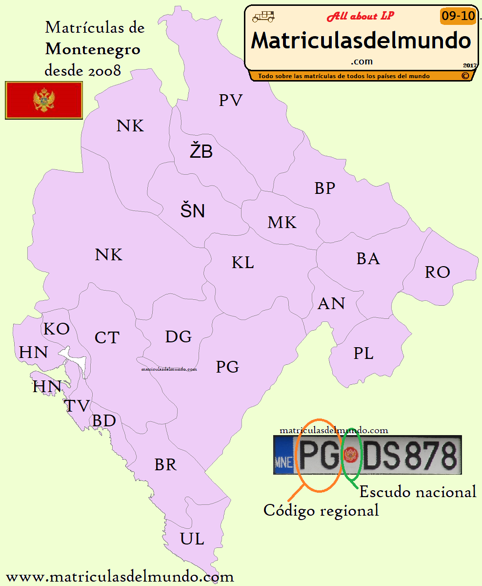 Mapa codigos matriculas Montenegro