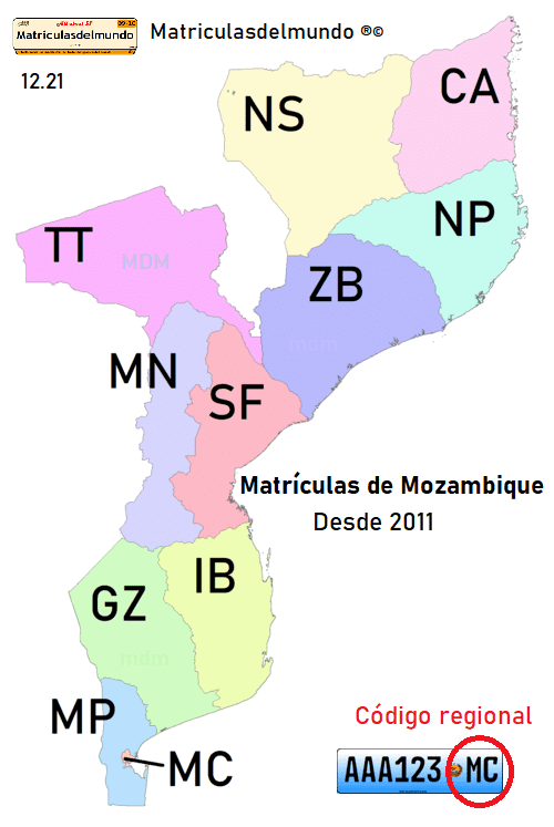 Mapa de los códigos regionales en las matrículas de Mozambique