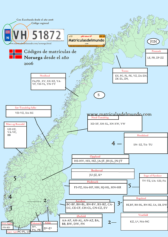 Mapa codigos matriculas Noruega