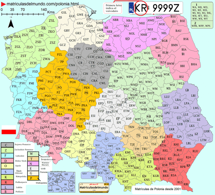 Mapa codigos matriculas polonia voivodatos regiones con dibujos e imagenes