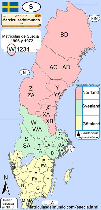 Mapa codigos matriculas de Suecia entre 1906 y 1972 con division por regiones